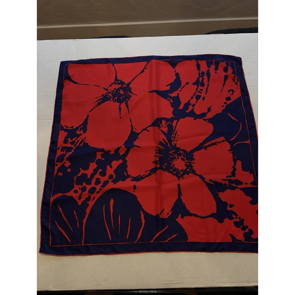 Vintage Silk Rayon Scarf Red Navy Blue Mod Floral Hand Rolled‎ Japan 29